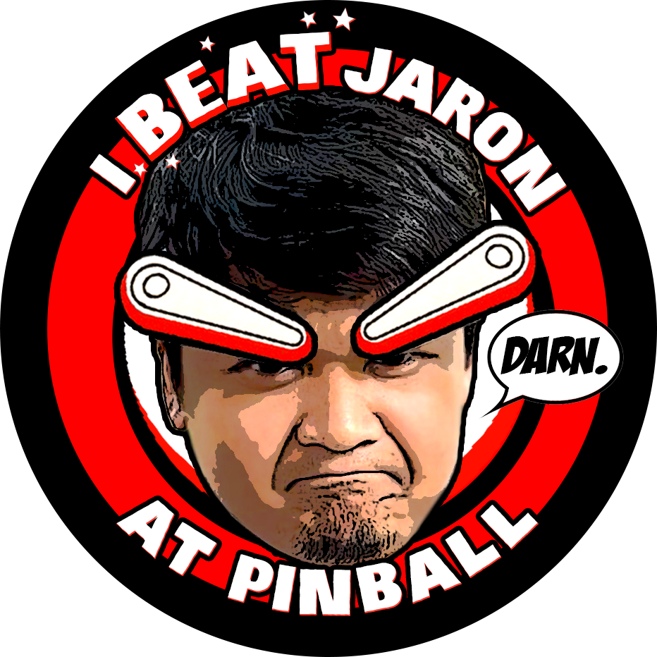 Comic-style portrait of Jaron framed by pinball flippers and the words I beat Jaron at pinball